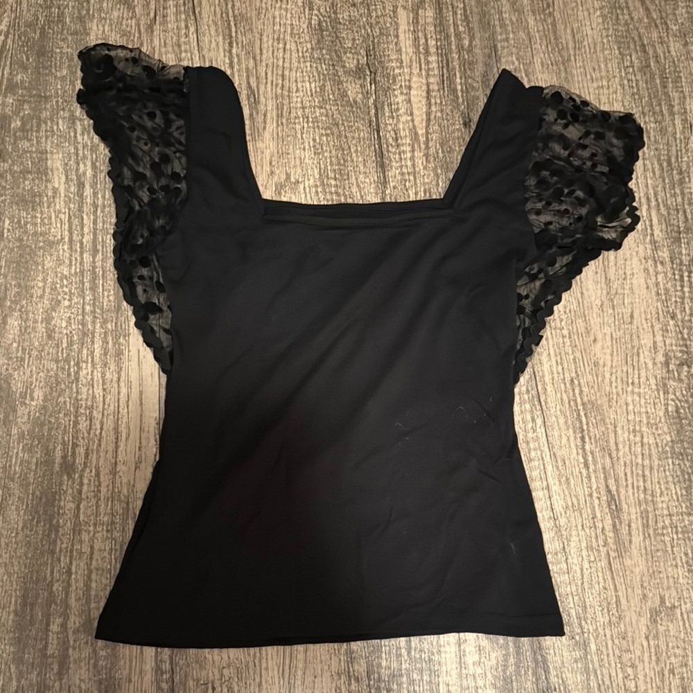 Black Top with Sheer Ruffled Sleeves
